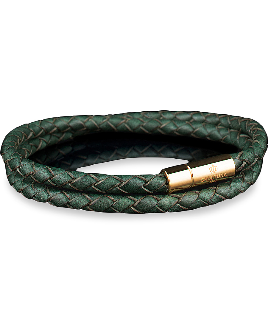 Hombres | Skultuna Two Row Leather Bracelet Dark Green Gold | Skultuna | Two Row Leather Bracelet Dark Green Gold