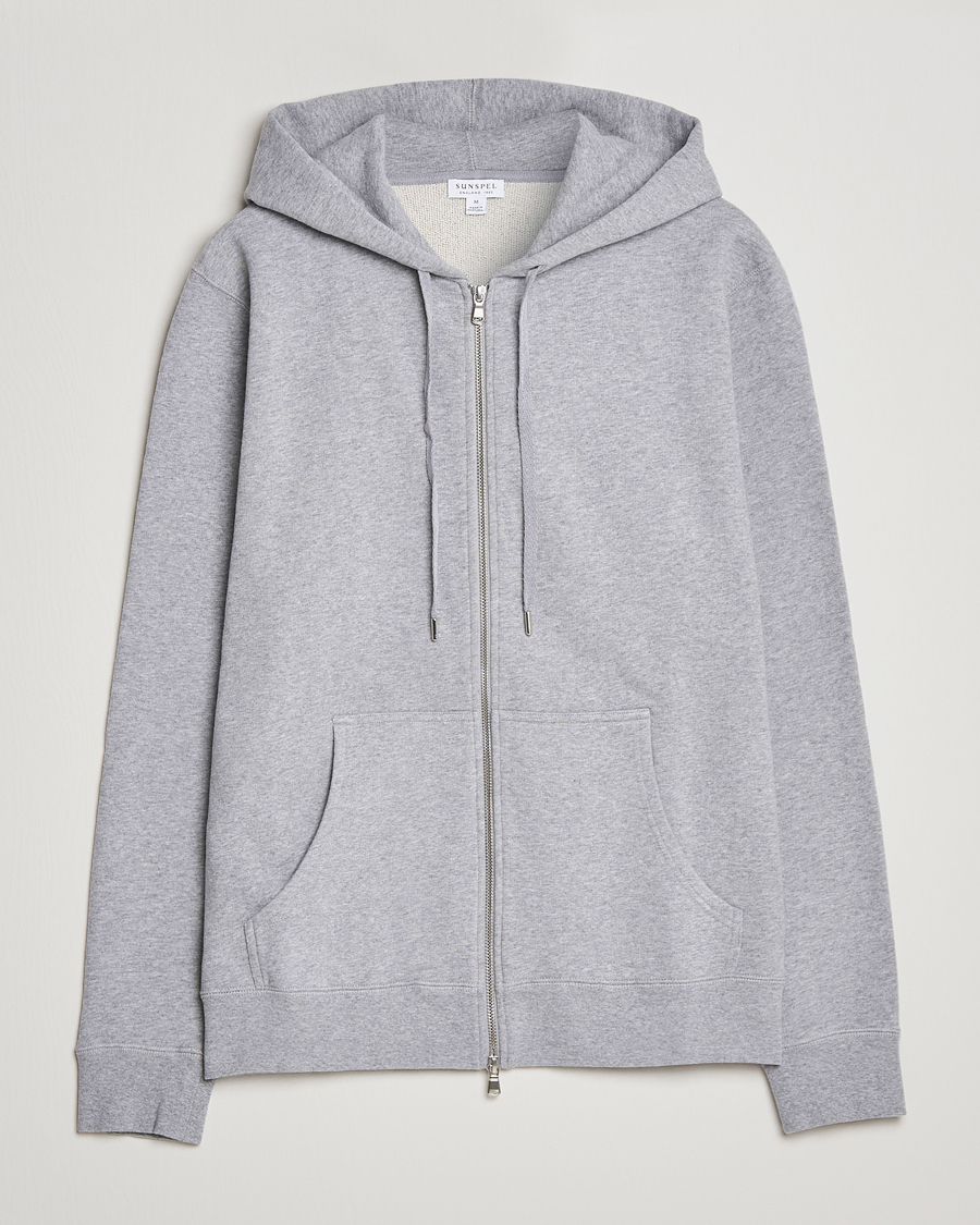 Hombres | Jerséis y prendas de punto | Sunspel | Loopback Full Zip Hoodie Grey Melange