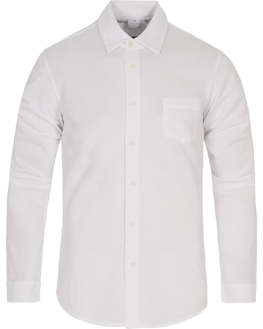 Hombres | Camisas | Sunspel | Long Sleeve Pique Shirt White