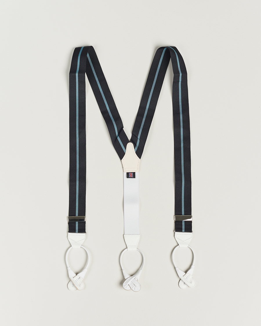 Hombres | Albert Thurston Thin Stripe Braces 40mm Black/Sky | Albert Thurston | Thin Stripe Braces 40mm Black/Sky