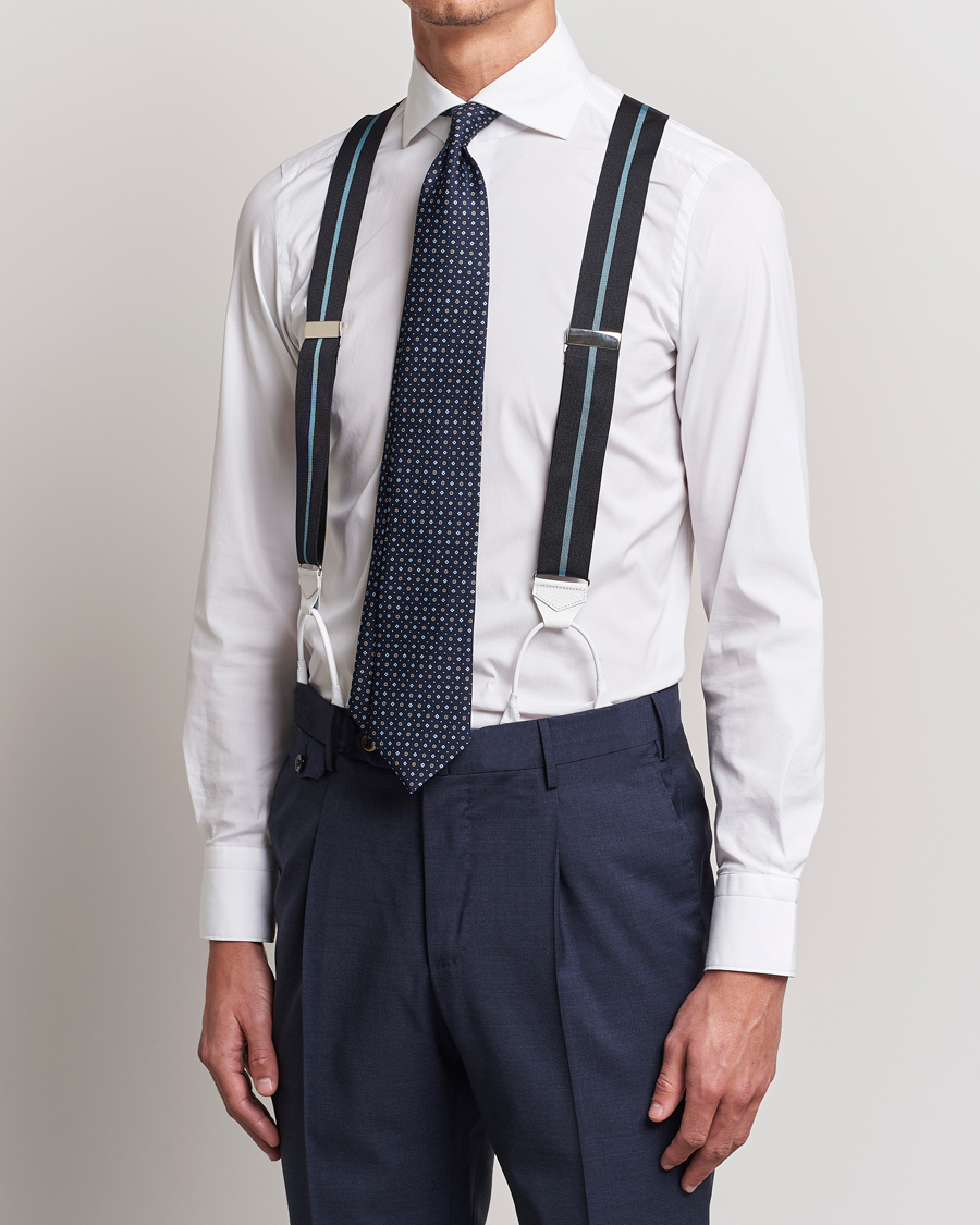 Hombres | Albert Thurston Thin Stripe Braces 40mm Black/Sky | Albert Thurston | Thin Stripe Braces 40mm Black/Sky