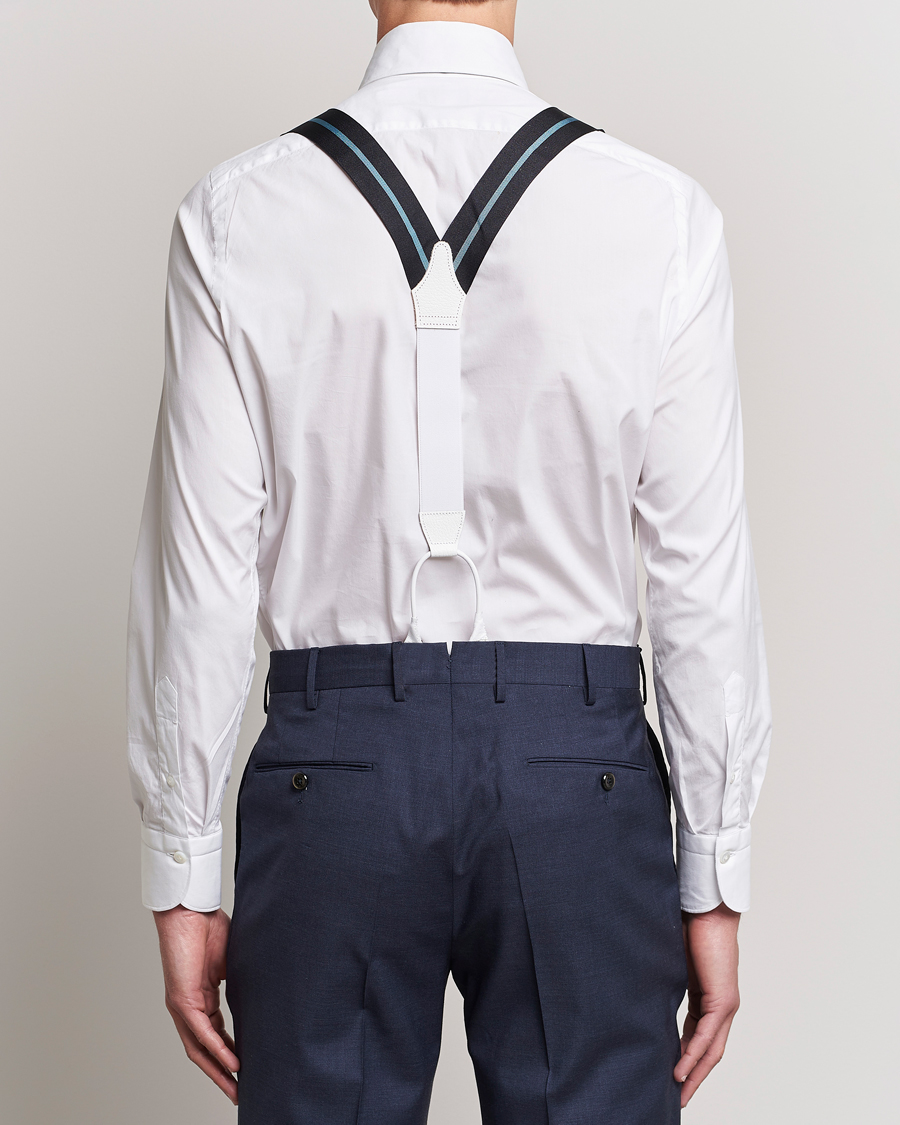 Hombres | Albert Thurston Thin Stripe Braces 40mm Black/Sky | Albert Thurston | Thin Stripe Braces 40mm Black/Sky