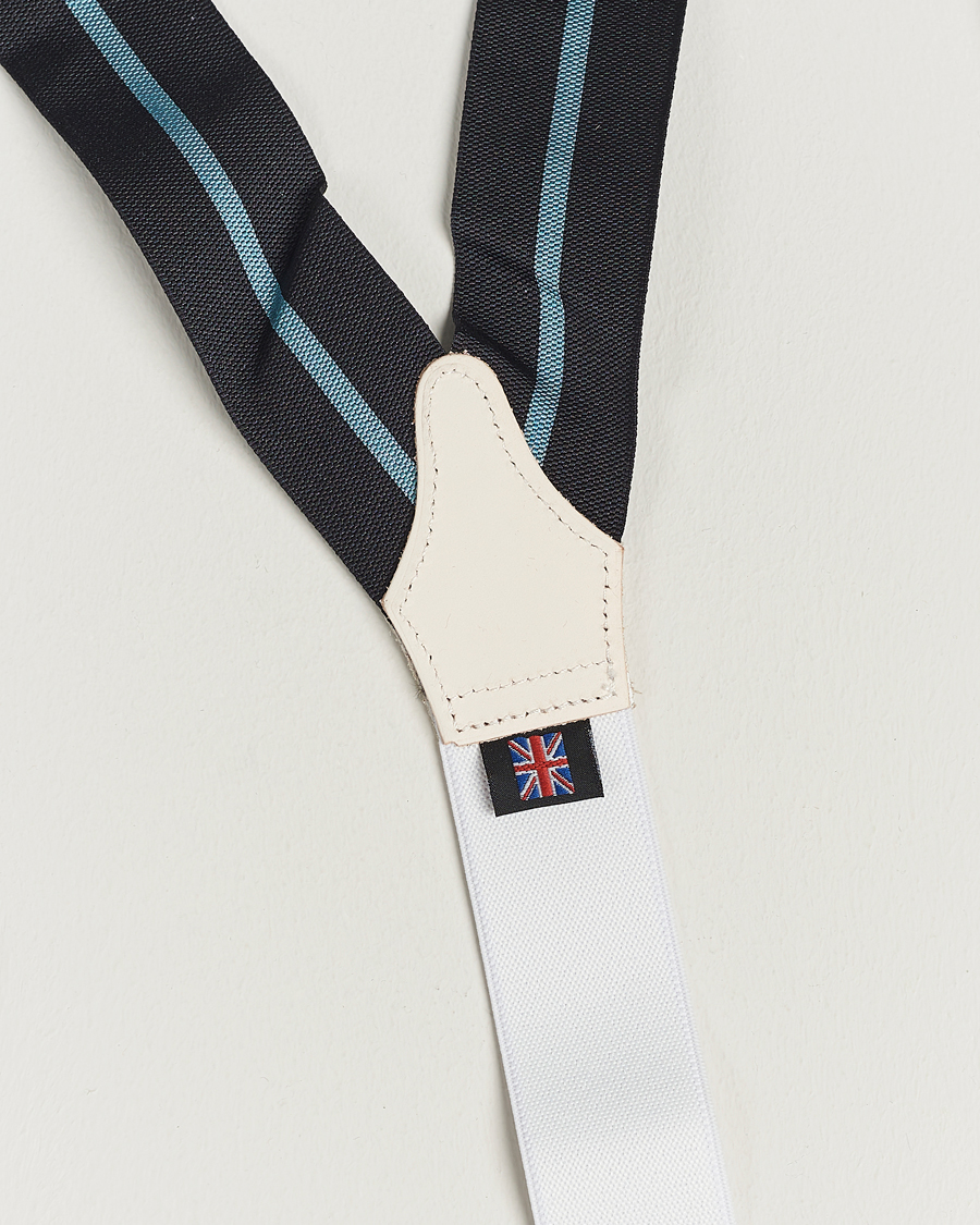 Hombres | Albert Thurston Thin Stripe Braces 40mm Black/Sky | Albert Thurston | Thin Stripe Braces 40mm Black/Sky