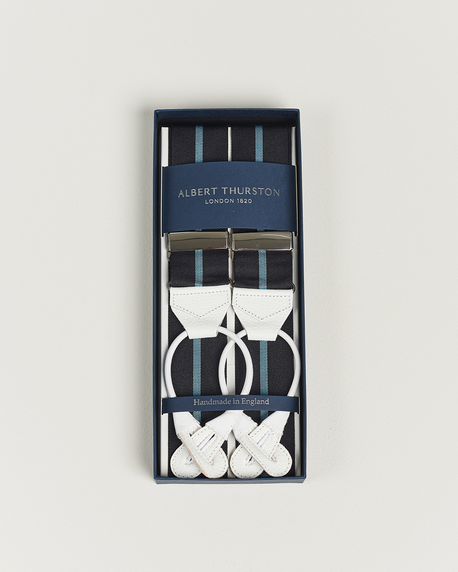 Hombres | Albert Thurston Thin Stripe Braces 40mm Black/Sky | Albert Thurston | Thin Stripe Braces 40mm Black/Sky