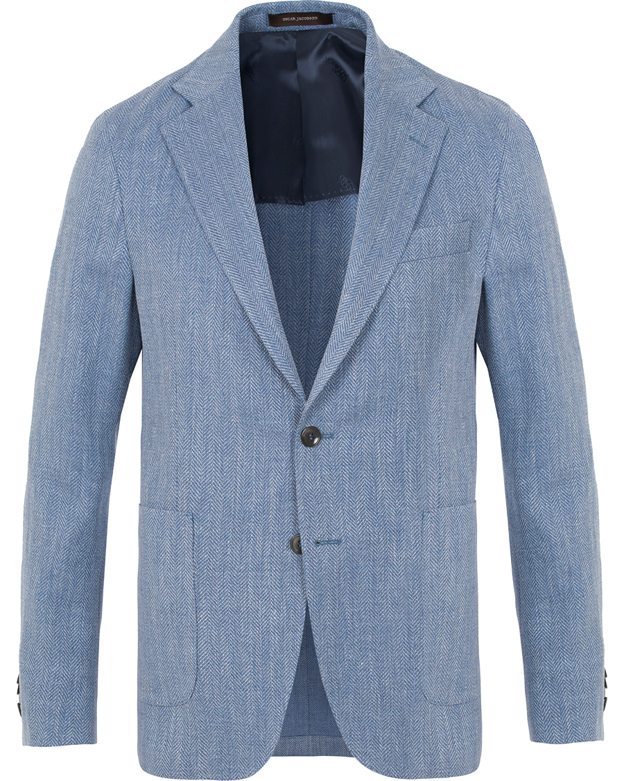 Hombres | Blazers | Oscar Jacobson | Epic Linen/Wool Herringbone Blazer Light Blue
