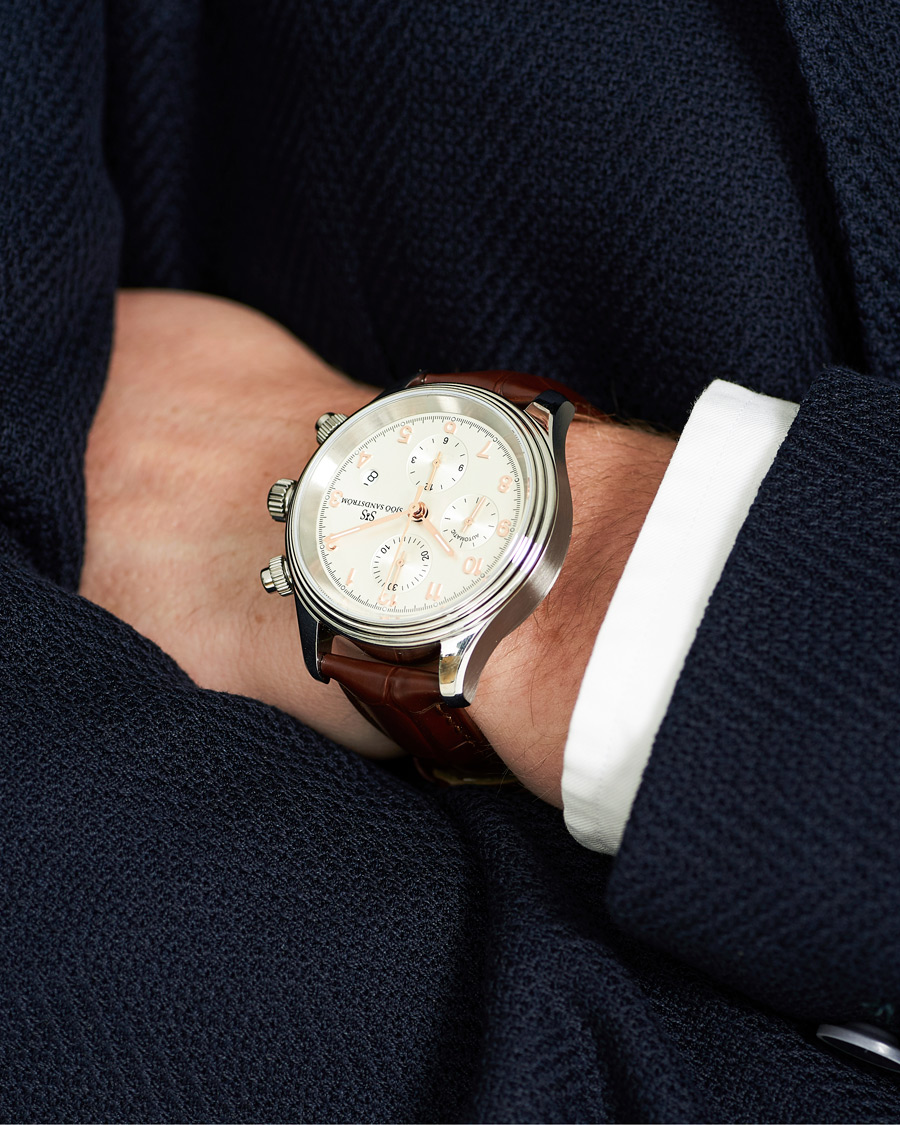 Hombres | Sjöö Sandström Royal Steel Chronograph 42mm Ivory/Brown Alligator | Sjöö Sandström | Royal Steel Chronograph 42mm Ivory/Brown Alligator