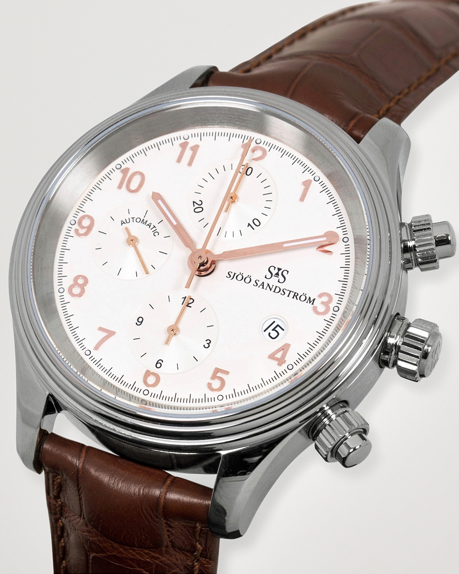 Hombres | Sjöö Sandström Royal Steel Chronograph 42mm Ivory/Brown Alligator | Sjöö Sandström | Royal Steel Chronograph 42mm Ivory/Brown Alligator