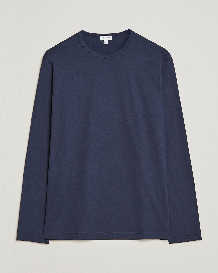Hombres | Camisetas | Sunspel | Long Sleeve Crew Neck Cotton Tee Navy