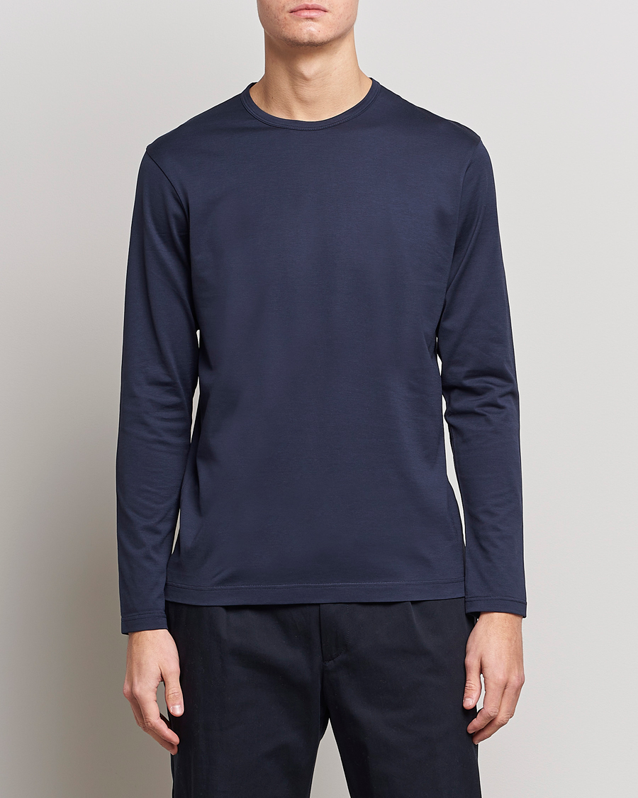 Hombres | Camisetas | Sunspel | Long Sleeve Crew Neck Cotton Tee Navy