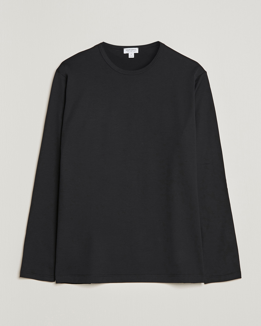 Hombres | Camisetas | Sunspel | Long Sleeve Crew Neck Cotton Tee Black