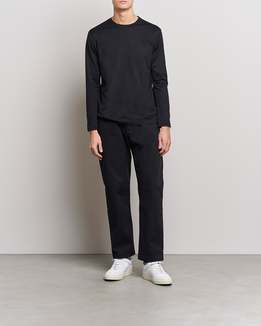 Hombres | Camisetas | Sunspel | Long Sleeve Crew Neck Cotton Tee Black