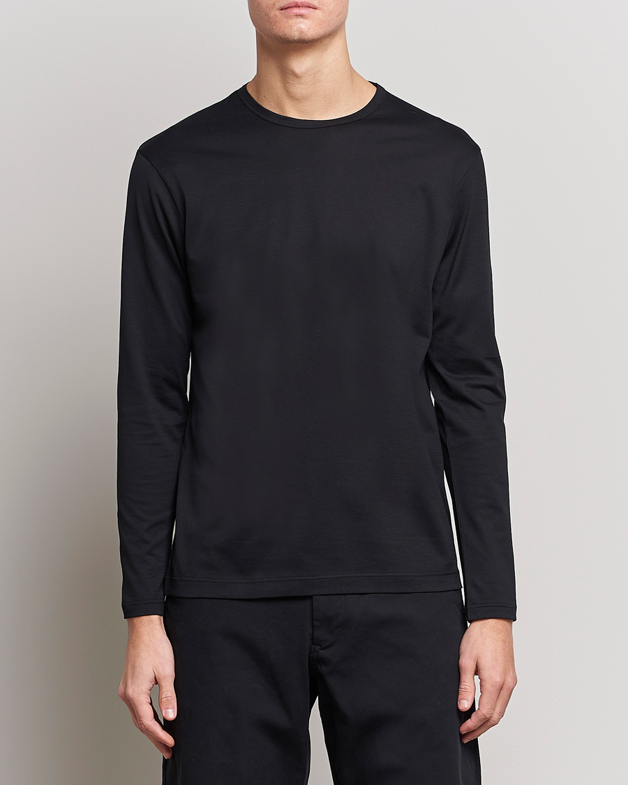 Hombres | Camisetas negras | Sunspel | Long Sleeve Crew Neck Cotton Tee Black