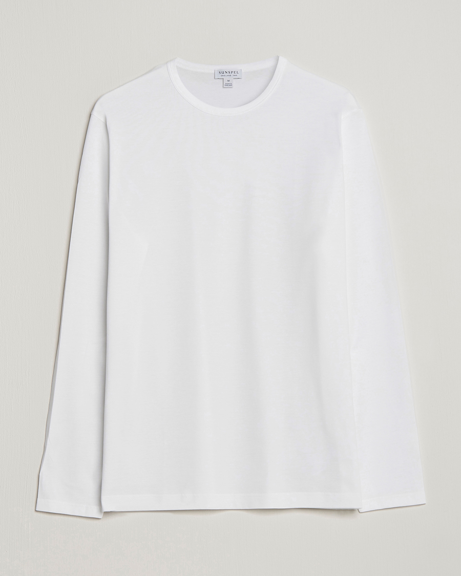 Hombres | Camisetas | Sunspel | Long Sleeve Crew Neck Cotton Tee White