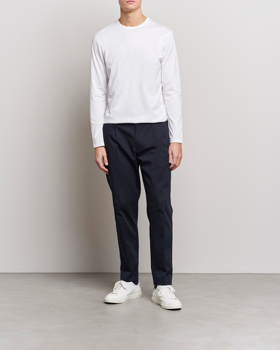 Hombres | Camisetas | Sunspel | Long Sleeve Crew Neck Cotton Tee White