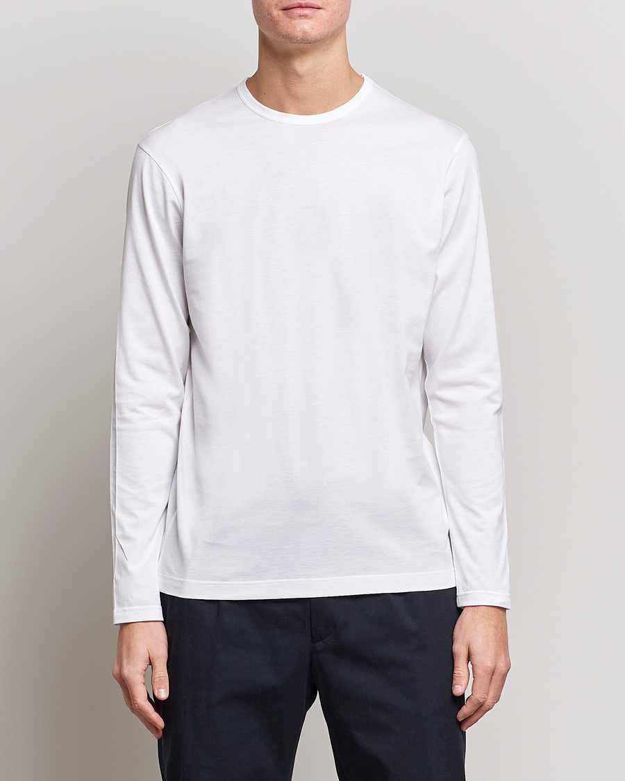 Hombres | Camisetas manga larga | Sunspel | Long Sleeve Crew Neck Cotton Tee White