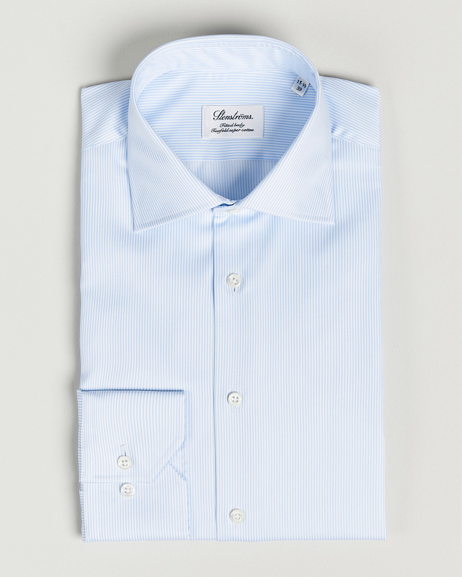 Hombres | Camisas | Stenströms | Fitted Body Thin Stripe Shirt White/Blue