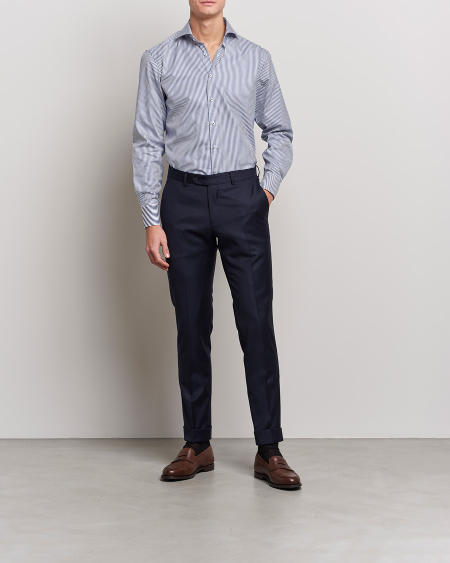 Hombres | Camisas de vestir | Stenströms | Fitted Body Stripe Shirt White/Blue