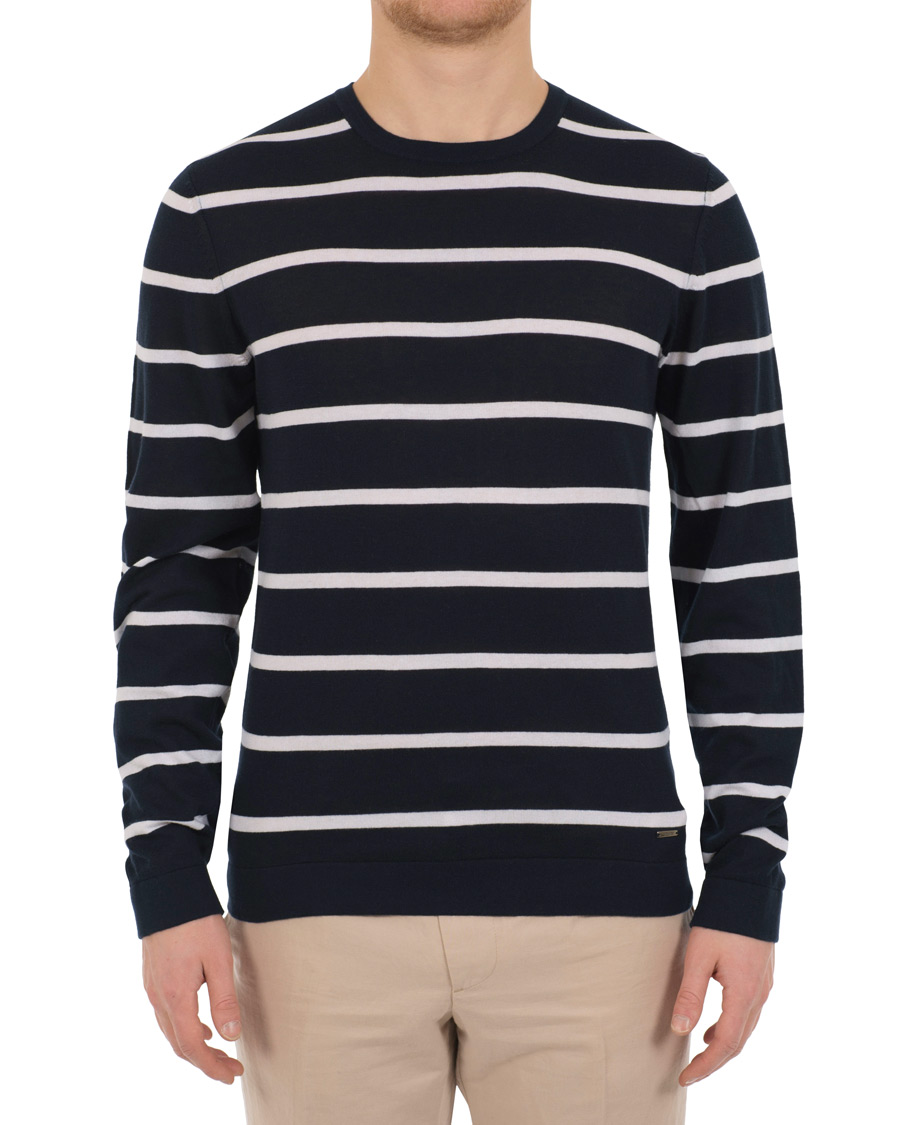 Hombres | Jerséis y prendas de punto | HUGO | Simun Stripe Knitted Crew Neck Navy/White