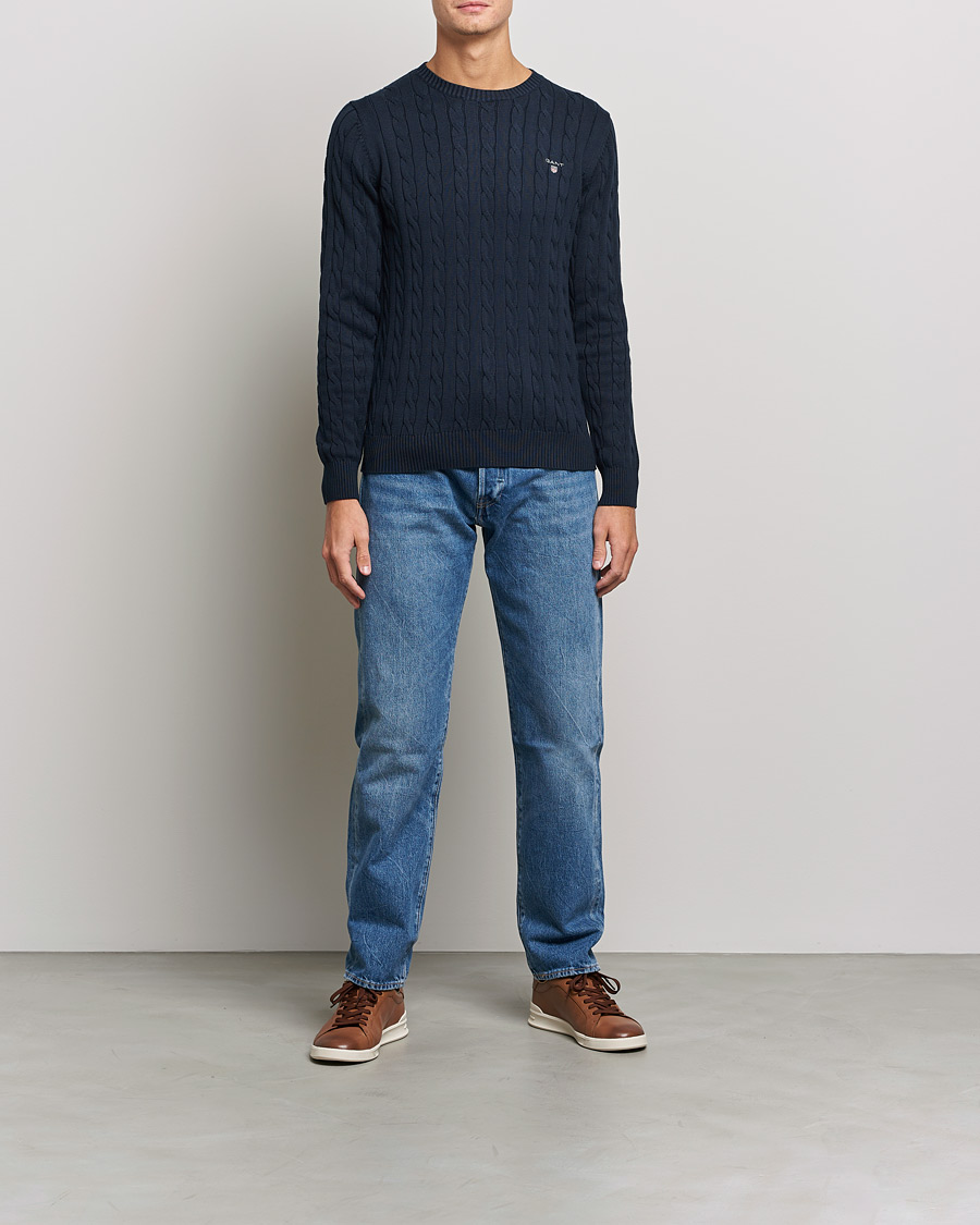 Hombres | Jerséis y prendas de punto | GANT | Cotton Cable Crew Neck Pullover Evening Blue