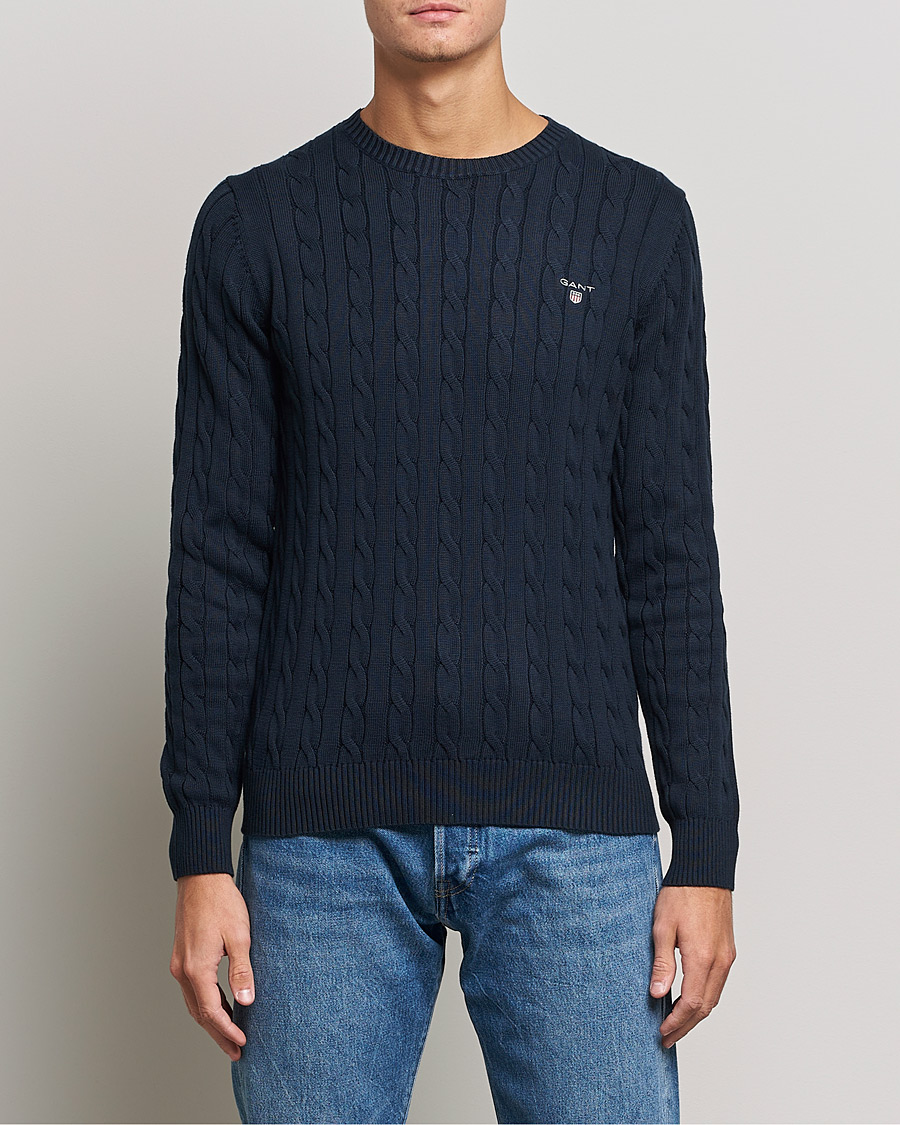 Hombres | Jerséis y prendas de punto | GANT | Cotton Cable Crew Neck Pullover Evening Blue