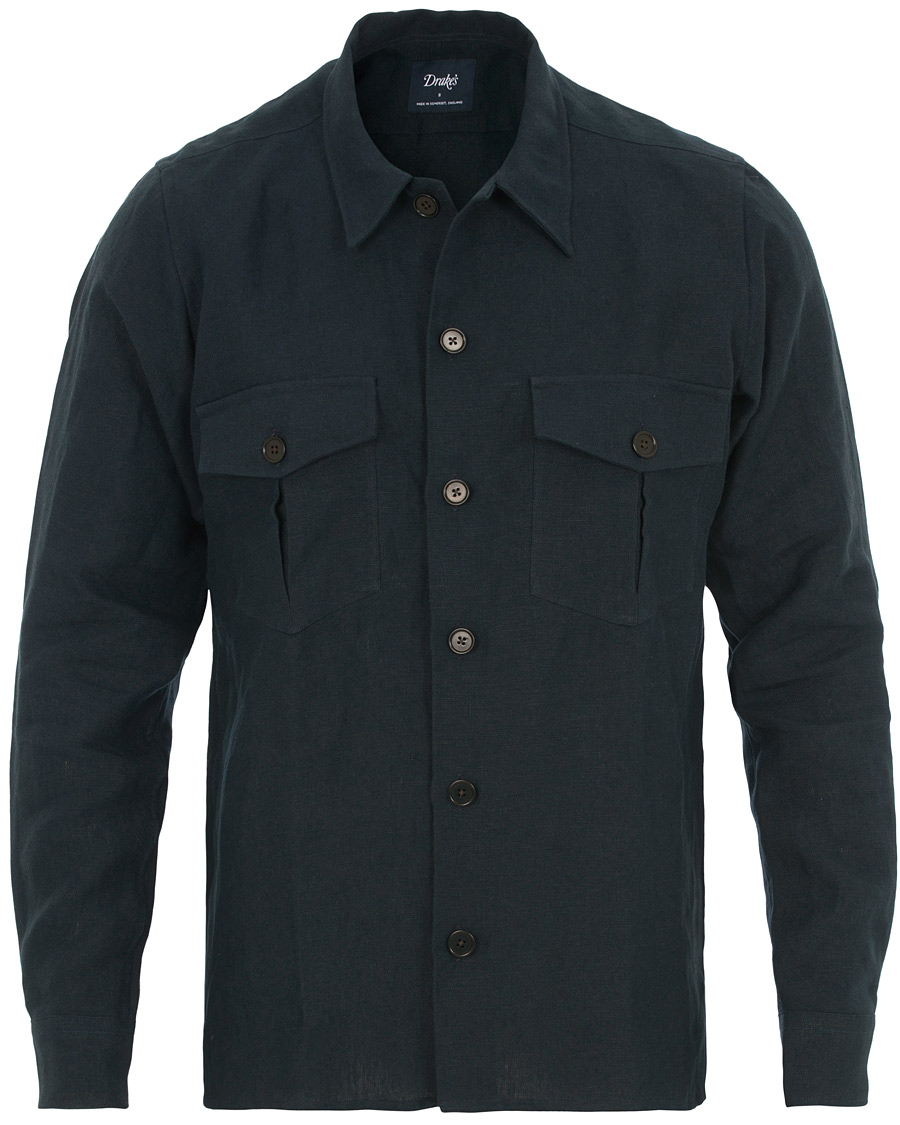 Hombres | Camisas | Drake's | Linen 2 Pocket Schacket Navy