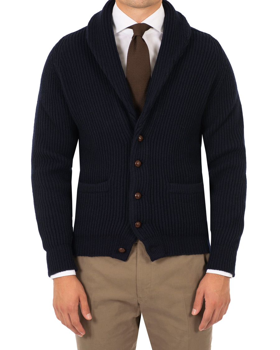 Hombres | Jerséis y prendas de punto | Drake's | Lambswool Shawl Cardigan Navy
