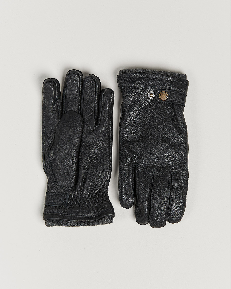 Hombres | Guantes | Hestra | Utsjö Fleece Lined Buckle Elkskin Glove Black
