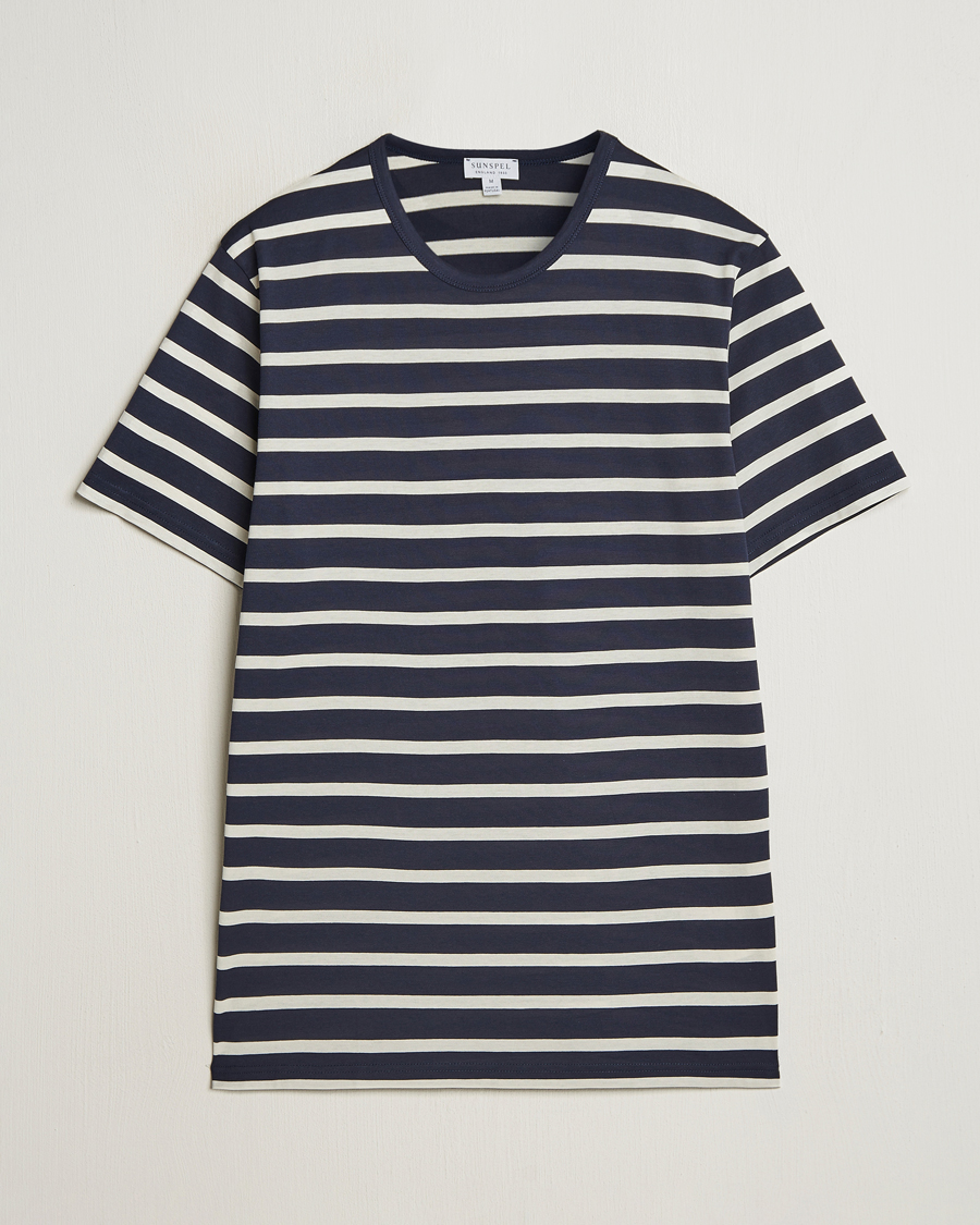 Hombres | Camisetas | Sunspel | Striped Crew Neck Q82 Cotton T-Shirt Navy/Ecru