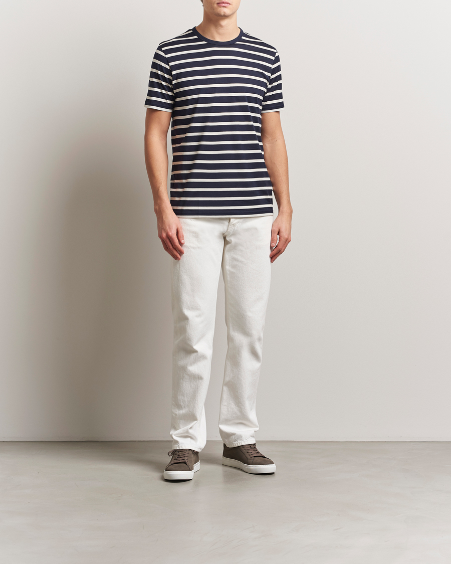 Hombres | Camisetas | Sunspel | Striped Crew Neck Q82 Cotton T-Shirt Navy/Ecru