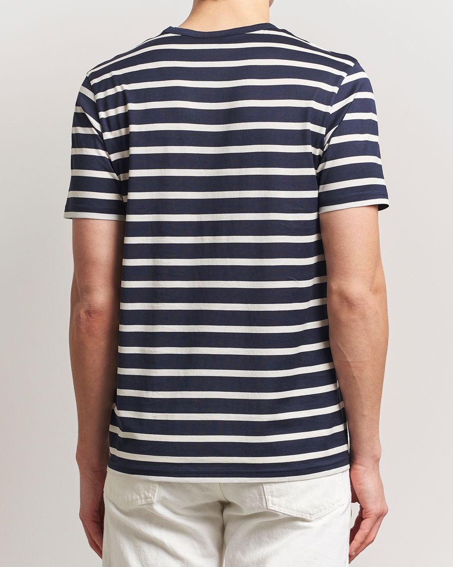 Hombres | Camisetas | Sunspel | Striped Crew Neck Q82 Cotton T-Shirt Navy/Ecru