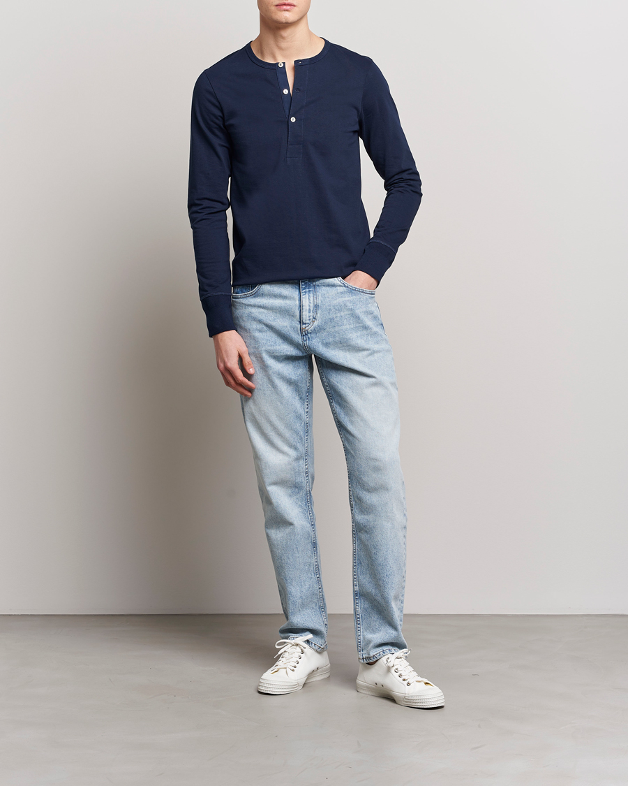 Hombres | Jerséis y prendas de punto | Merz b. Schwanen | Classic Organic Cotton Henley Sweater Ink Blue