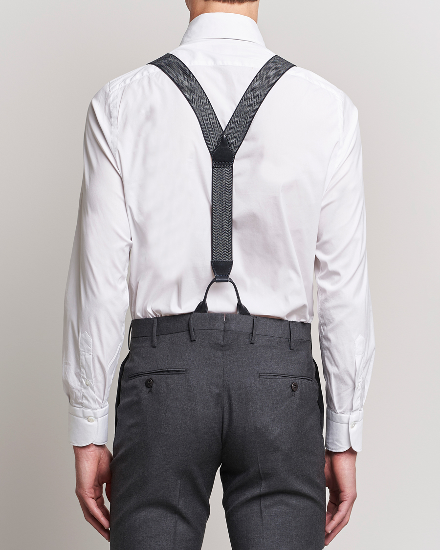 Hombres | Albert Thurston Elastic Herringbone Braces 35mm Blue | Albert Thurston | Elastic Herringbone Braces 35mm Blue