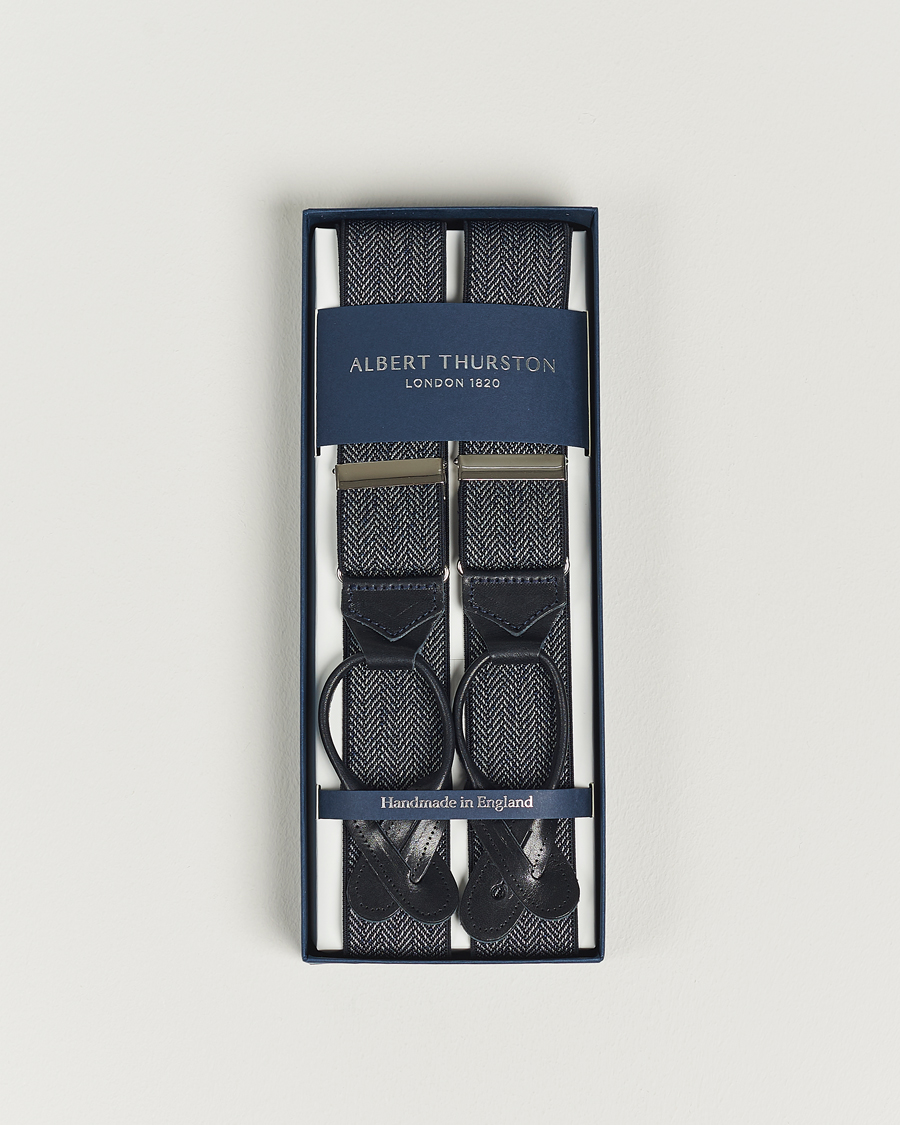 Hombres | Albert Thurston Elastic Herringbone Braces 35mm Blue | Albert Thurston | Elastic Herringbone Braces 35mm Blue