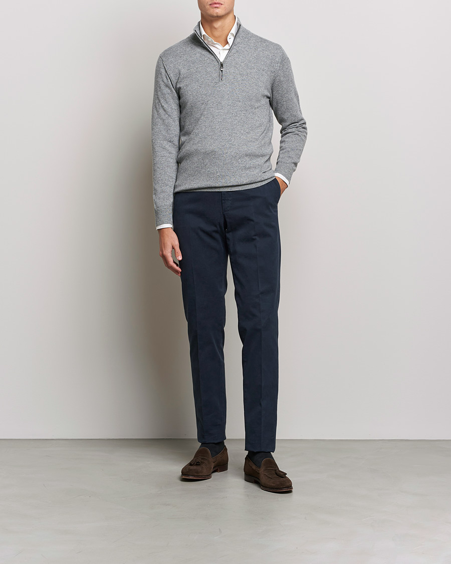 Hombres | Jerséis y prendas de punto | Piacenza Cashmere | Cashmere Half Zip Sweater Light Grey