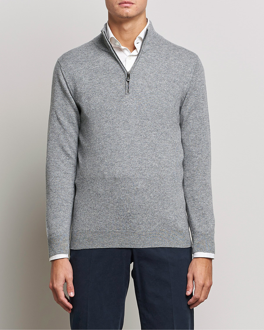 Hombres | Jerséis de cachemira | Piacenza Cashmere | Cashmere Half Zip Sweater Light Grey