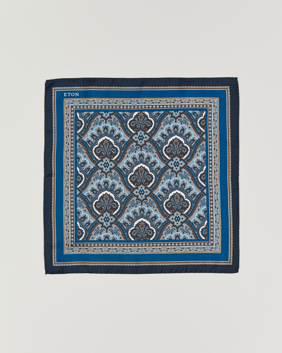 Hombres | Pañuelos de bolsillo | Eton | Silk Paisley Print Pocket Square Blue