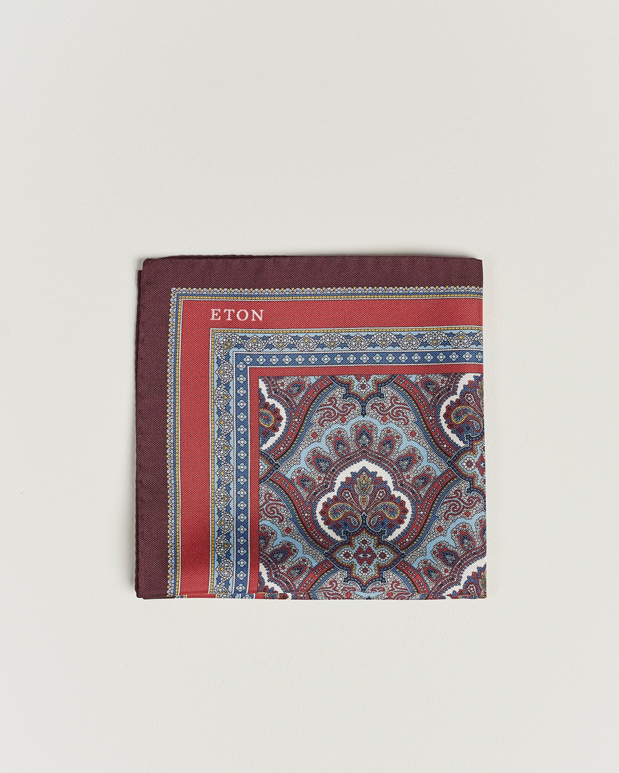 Hombres | Eton Silk Paisley Print Pocket Square Red | Eton | Silk Paisley Print Pocket Square Red