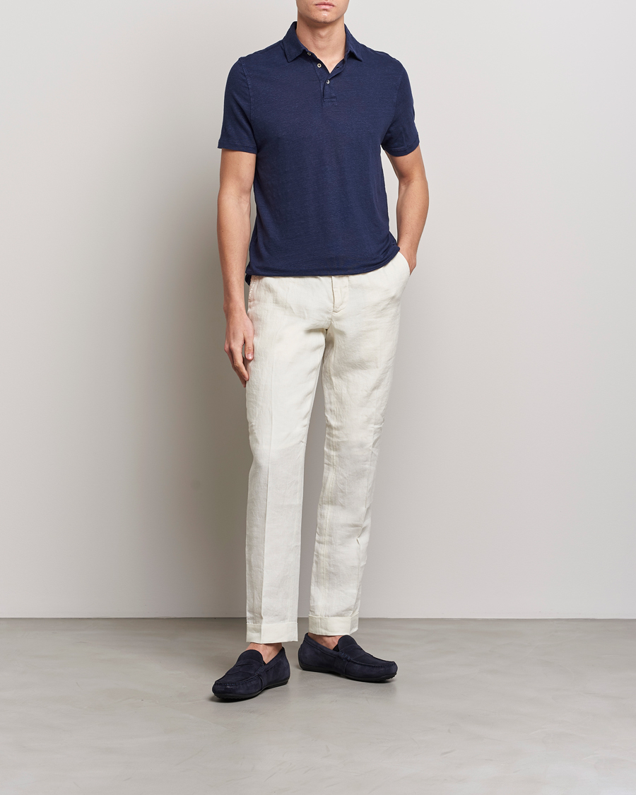 Hombres | Polos | Stenströms | Linen Polo Shirt Navy