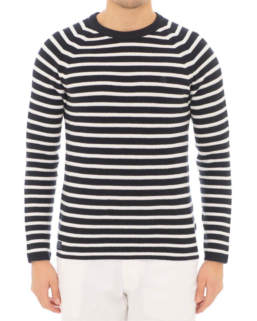 Hombres | Jerséis y prendas de punto | Morris | Calton Stripe O-Neck White/Navy
