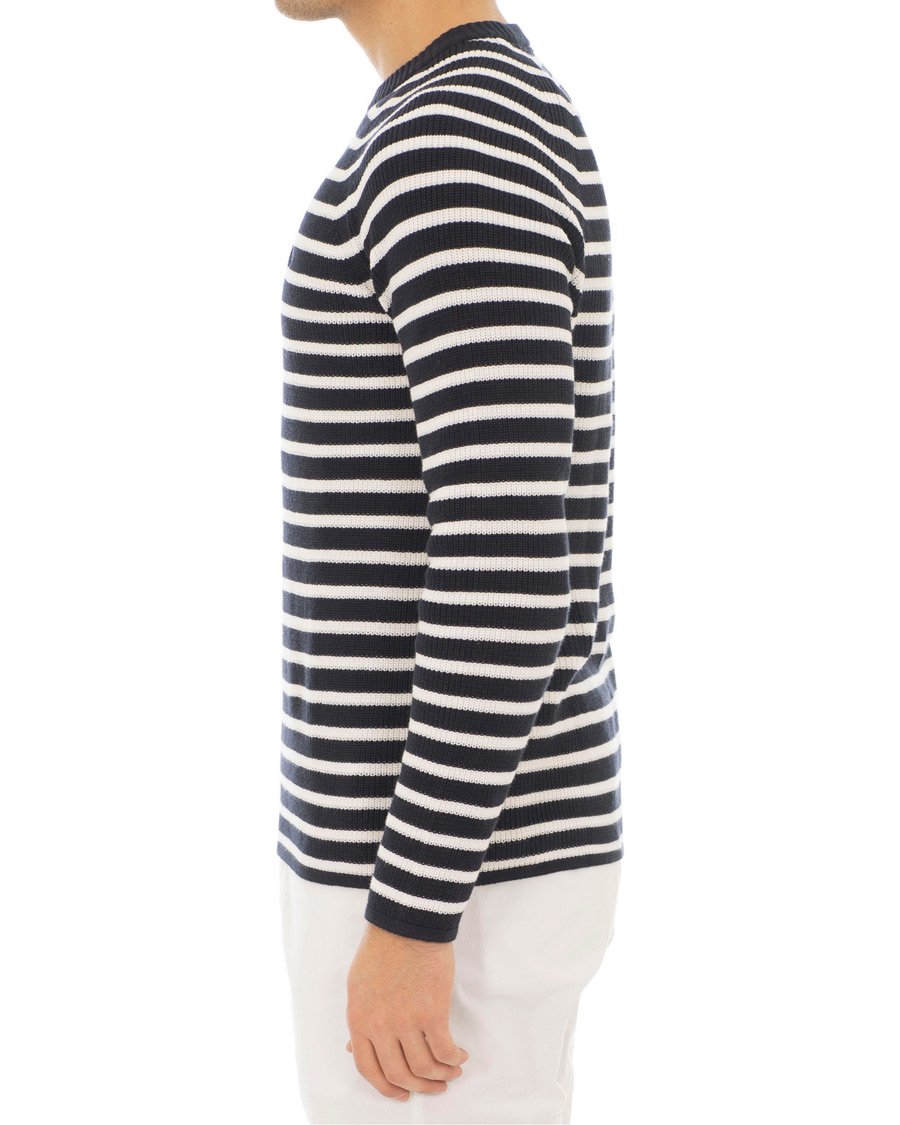 Hombres | Jerséis y prendas de punto | Morris | Calton Stripe O-Neck White/Navy