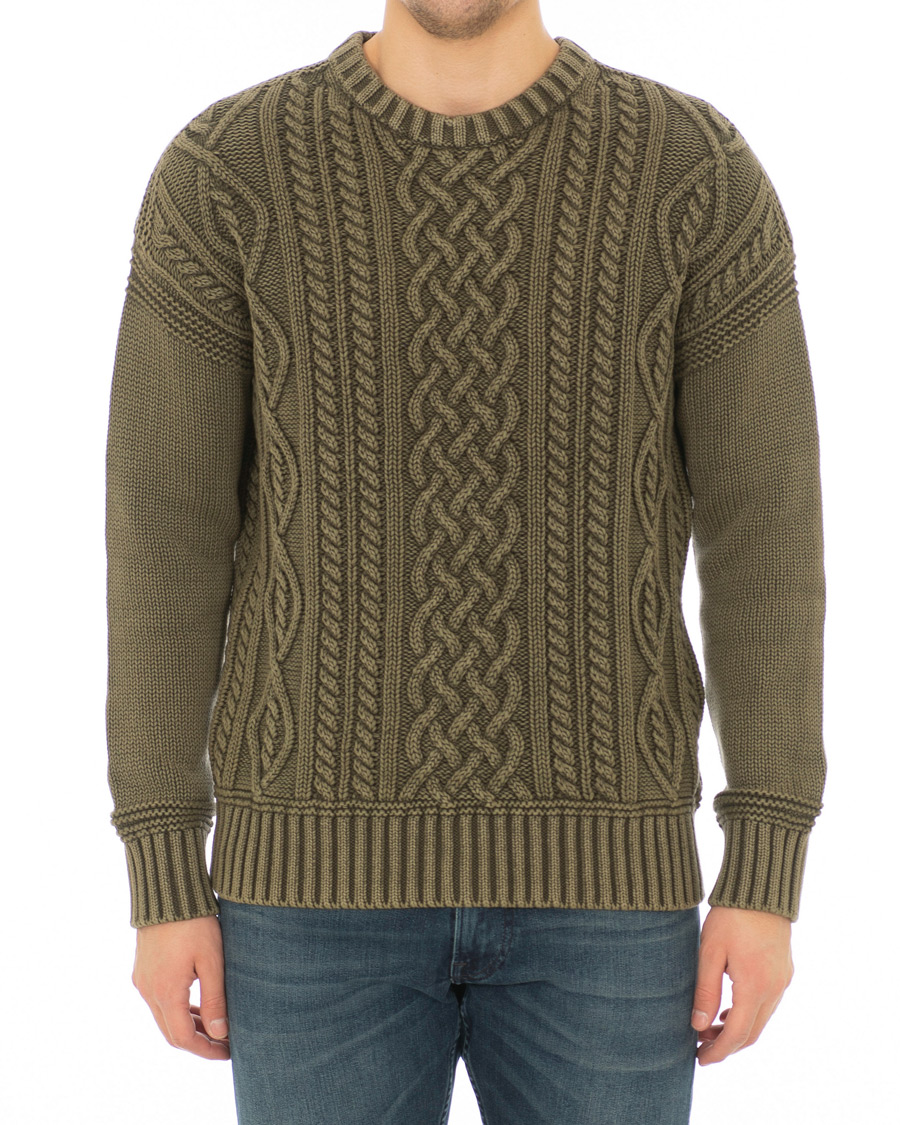 Hombres | Jerséis y prendas de punto | Morris | Cleve Cable O-Neck Washed Olive