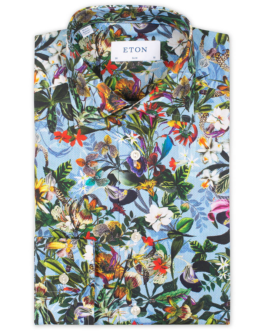 Hombres | Camisas | Eton | Slim Fit Twill Printed Flower Shirt Blue Green