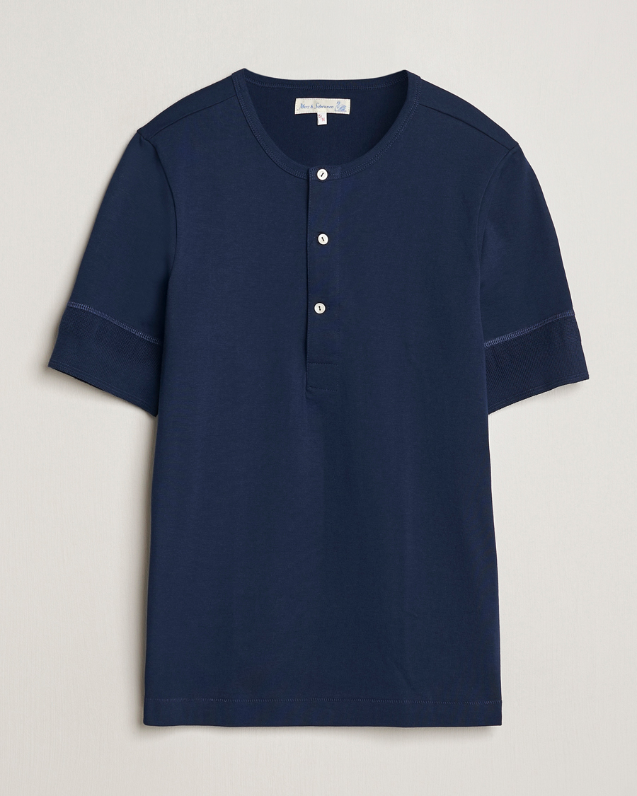 Hombres | Jerséis y prendas de punto | Merz b. Schwanen | Short Sleeve Organic Cotton Henley Ink Blue