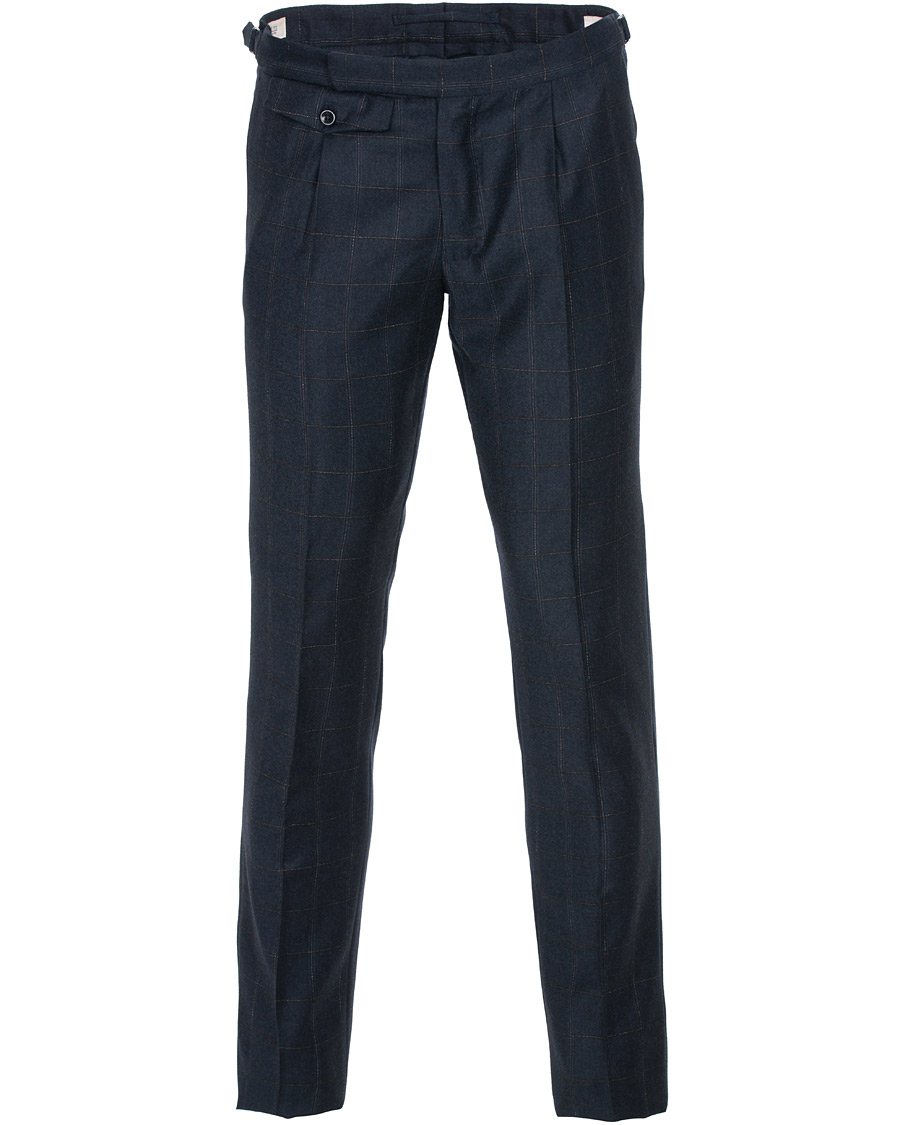 Hombres | Pantalones | Incotex | Slim Fit Side-adjuster Windowpane Flannel Trousers Navy