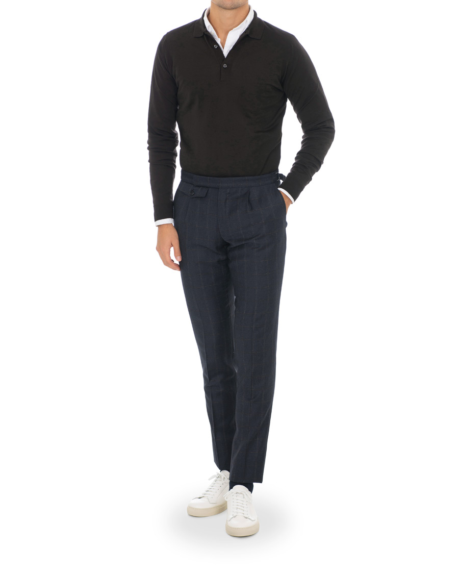 Hombres | Pantalones | Incotex | Slim Fit Side-adjuster Windowpane Flannel Trousers Navy