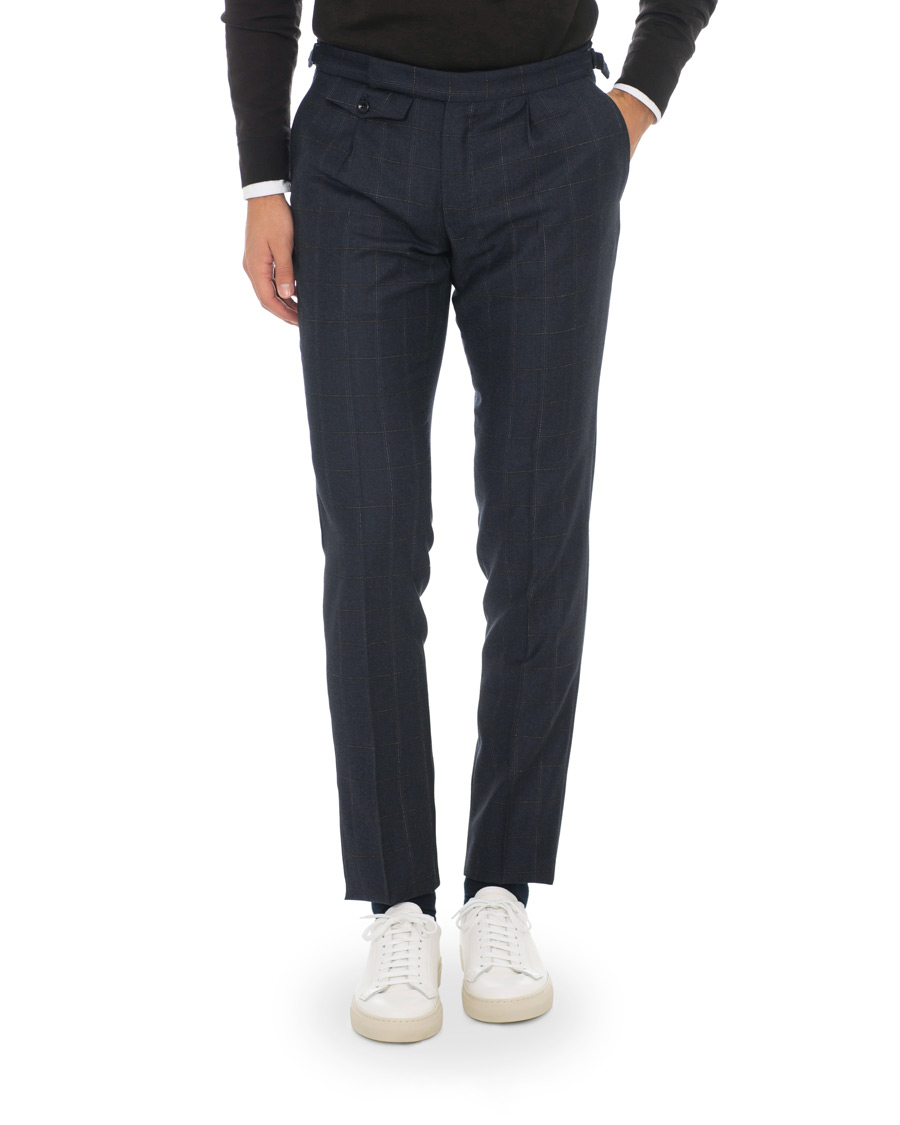 Hombres | Pantalones | Incotex | Slim Fit Side-adjuster Windowpane Flannel Trousers Navy