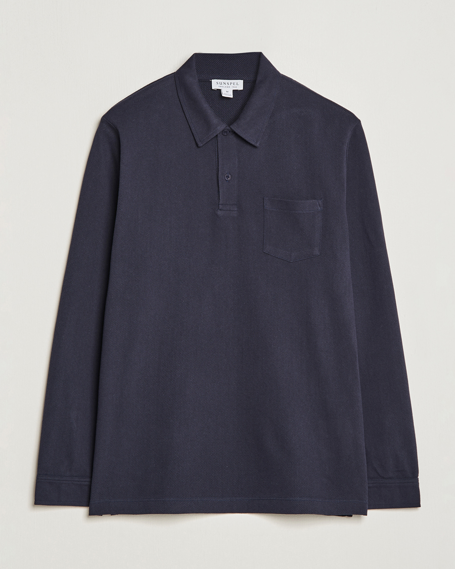 Hombres | Polos | Sunspel | Long Sleeve Riviera Polo Shirt Navy