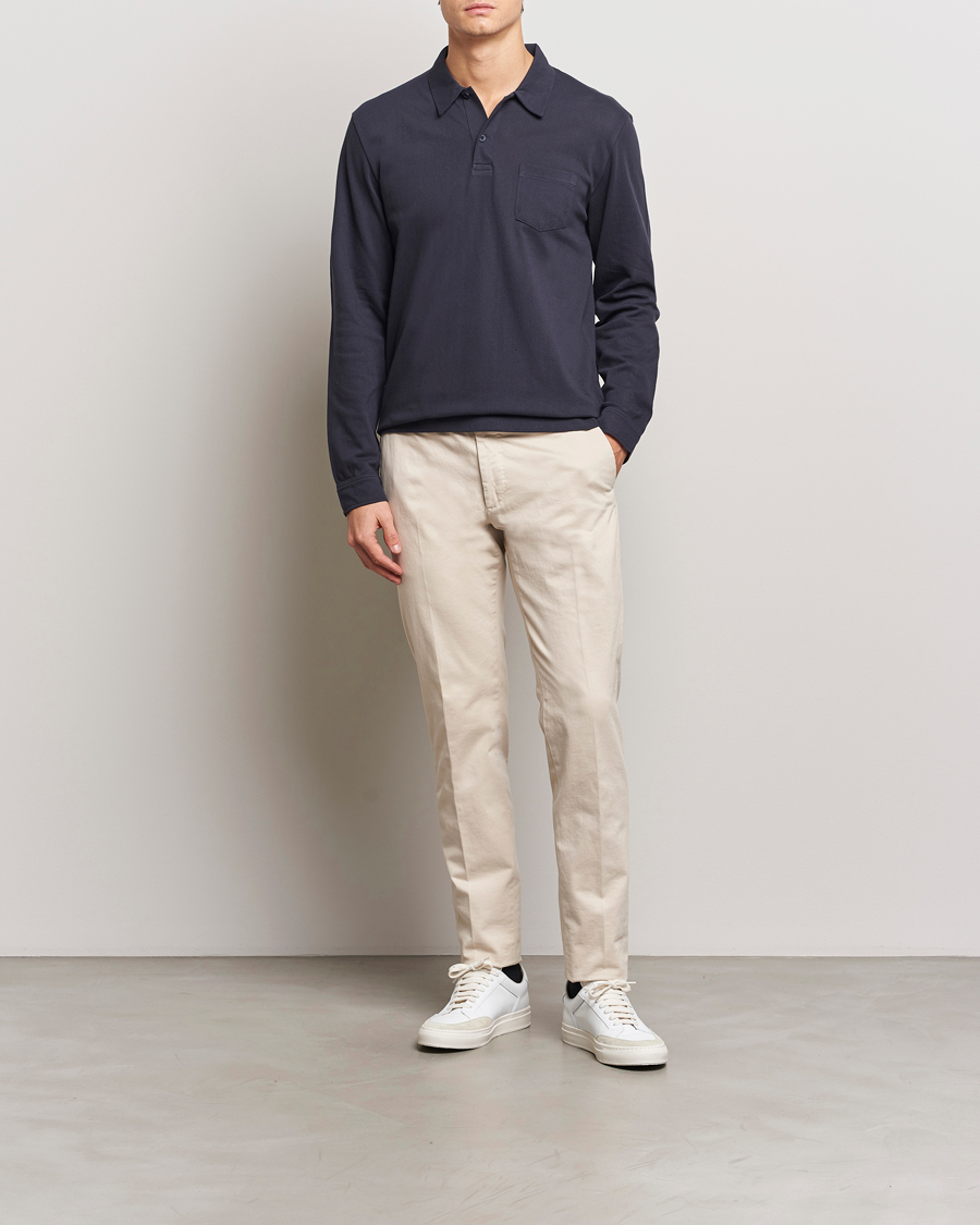 Hombres | Polos | Sunspel | Long Sleeve Riviera Polo Shirt Navy