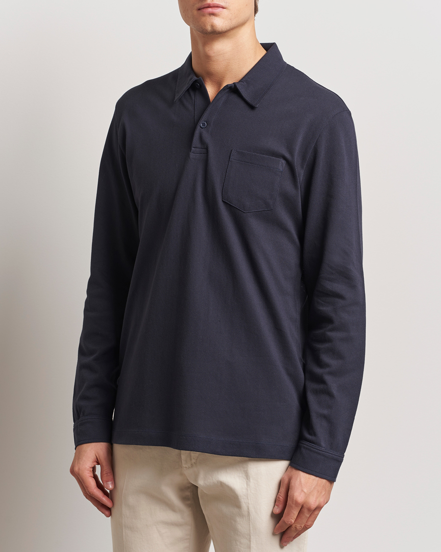 Hombres | Polos | Sunspel | Long Sleeve Riviera Polo Shirt Navy