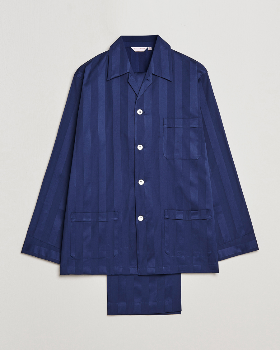 Hombres | Pijamas y batas | Derek Rose | Striped Cotton Satin Pyjama Set Navy